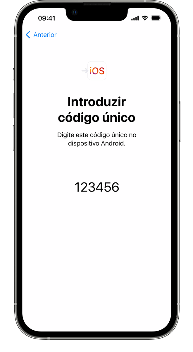 Um iPhone novo a mostrar um código único a introduzir no dispositivo Android.