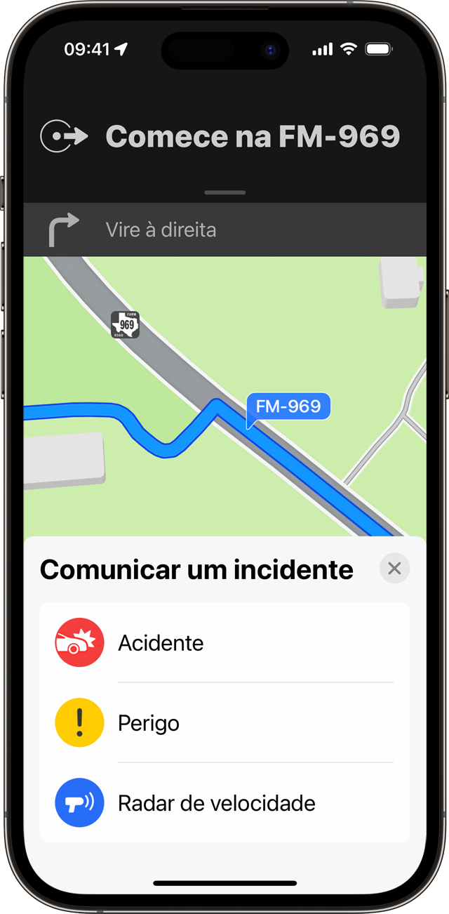 Pode comunicar um incidente enquanto utiliza as indicações passo a passo na app Mapas no iPhone.