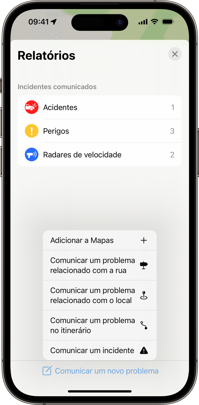 No iPhone, pode comunicar um incidente na app Mapas a partir do ecrã principal.