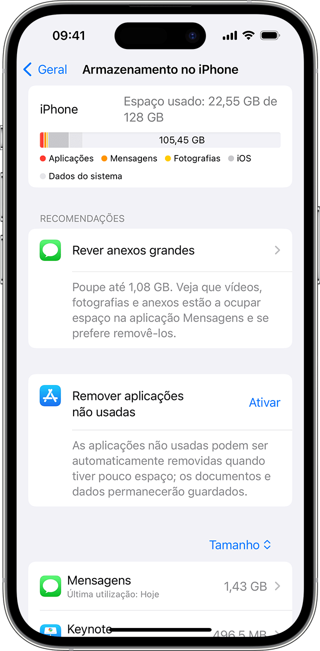 Um ecrã do iPhone a mostrar recomendações para libertar espaço no dispositivo