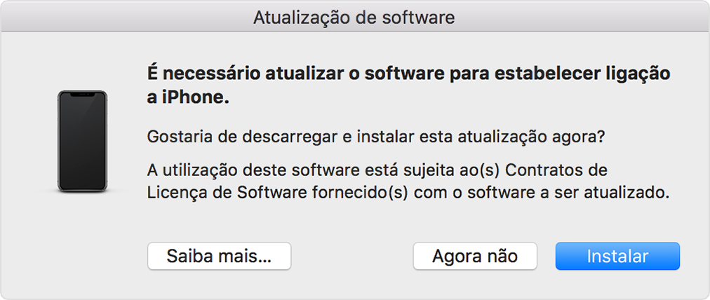 Janela a indicar que é necessário atualizar o software para estabelecer ligação com o iPhone