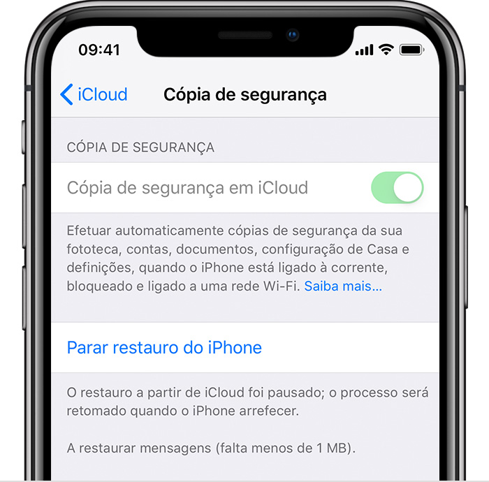iPhone a mostrar a Cópia de segurança em iCloud ativada