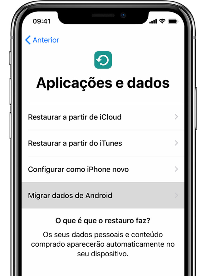 Ecrã Aplicações e dados no iPhone