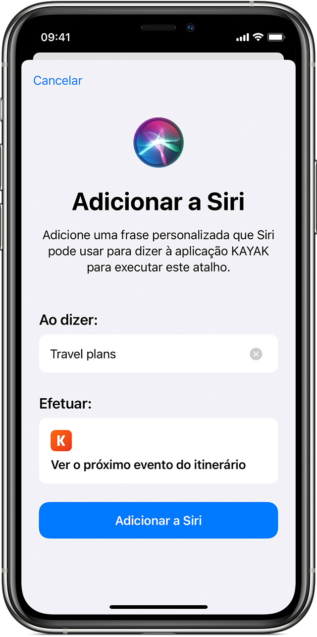 A app Kayak é adicionada à Siri através do botão Adicionar a Siri.