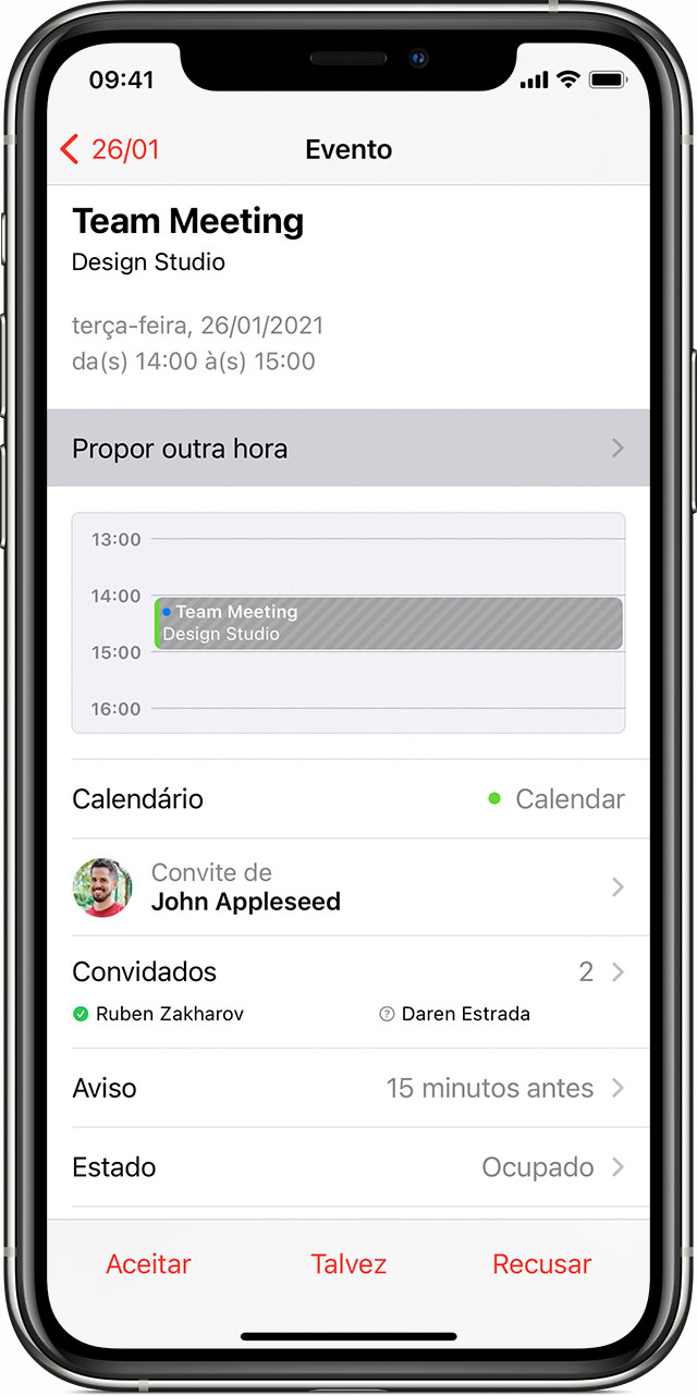 App Calendário no iPhone a mostrar o botão Propor outra hora no convite para um evento.