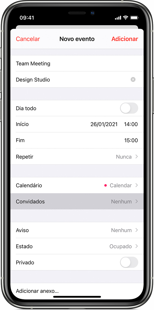 Ecrã de adição de um Novo evento da app Calendário do iPhone com a opção 