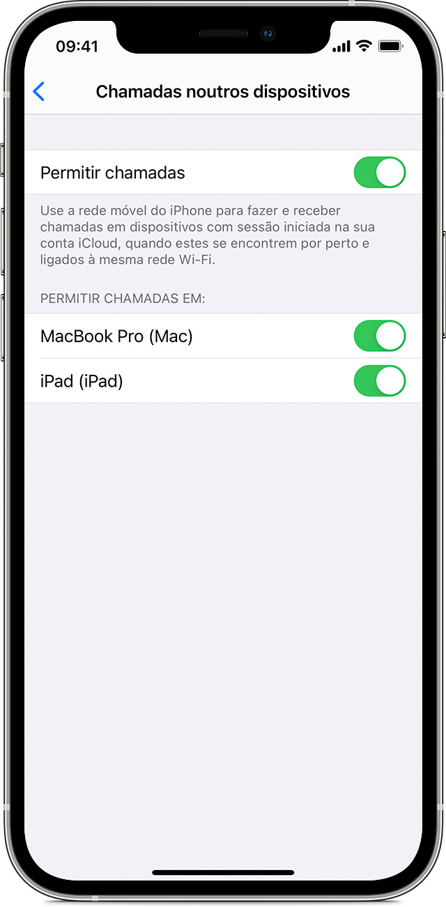 iPhone a mostrar o ecrã Chamadas noutros dispositivos. A funcionalidade Permitir chamadas está ativada e permite chamadas no iPad e no MacBook Pro do John.