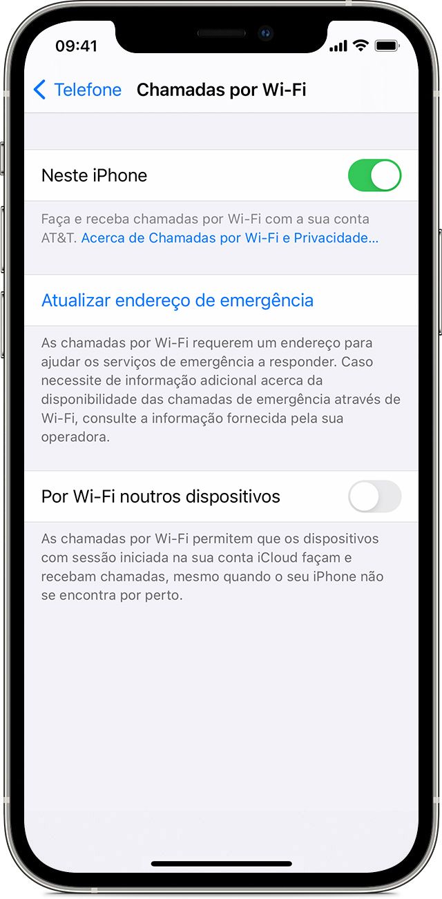 iPhone a mostrar o ecrã Chamadas por Wi-Fi, com a funcionalidade Chamadas por Wi-Fi neste telefone ativada.