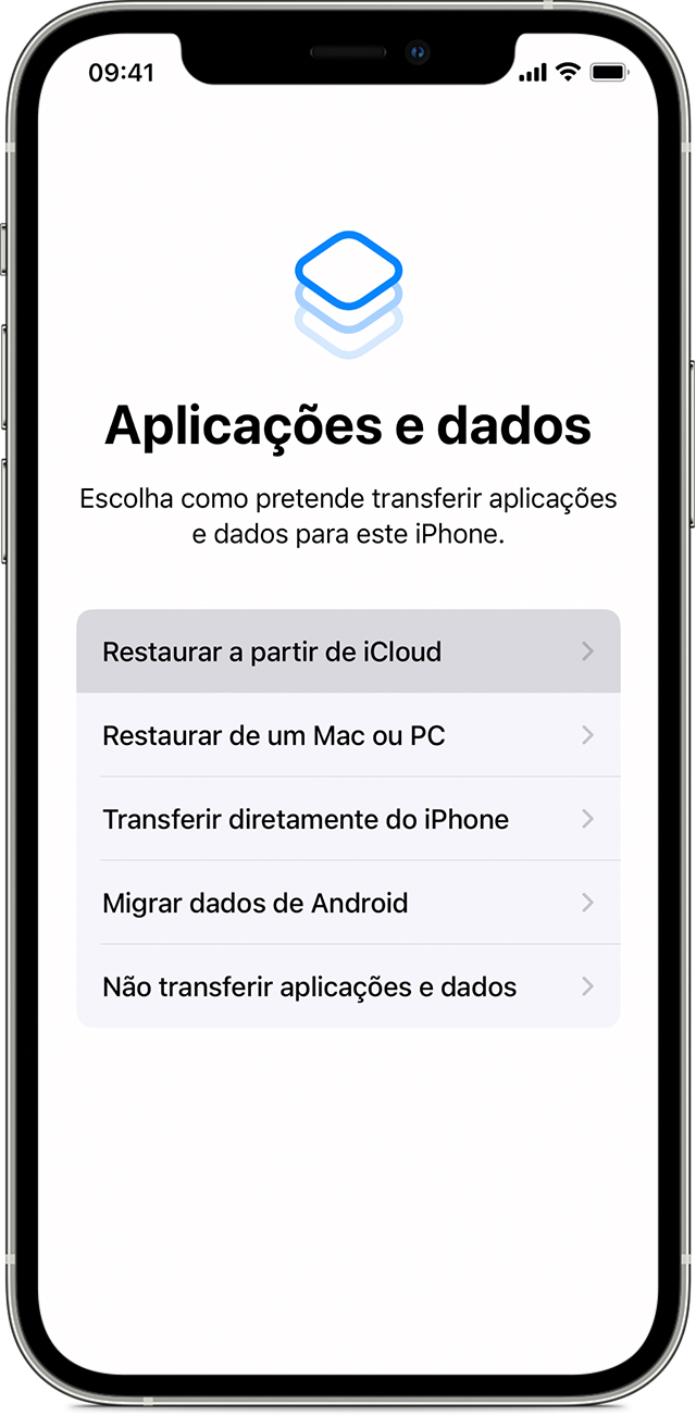 iPhone a mostrar o ecrã Aplicações e dados com a opção 