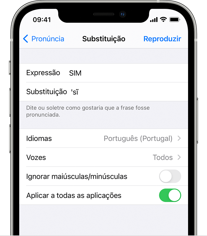 Ecrã do iPhone a mostrar SIM no campo Expressão e a pronúncia de SIM no campo Substituição. 