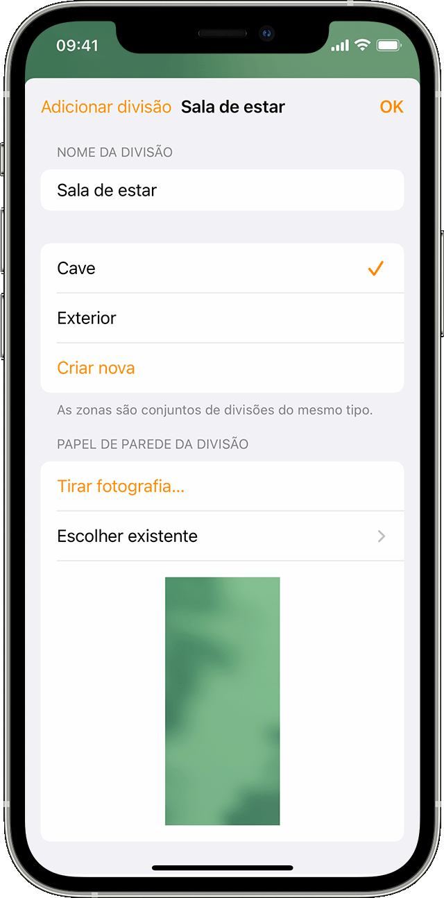 A app Casa no iOS a mostrar as Definições na Sala de estar. 