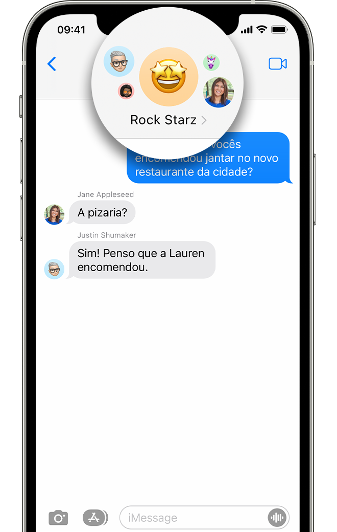 Um iPhone a mostrar o botão de informações numa mensagem de texto de grupo