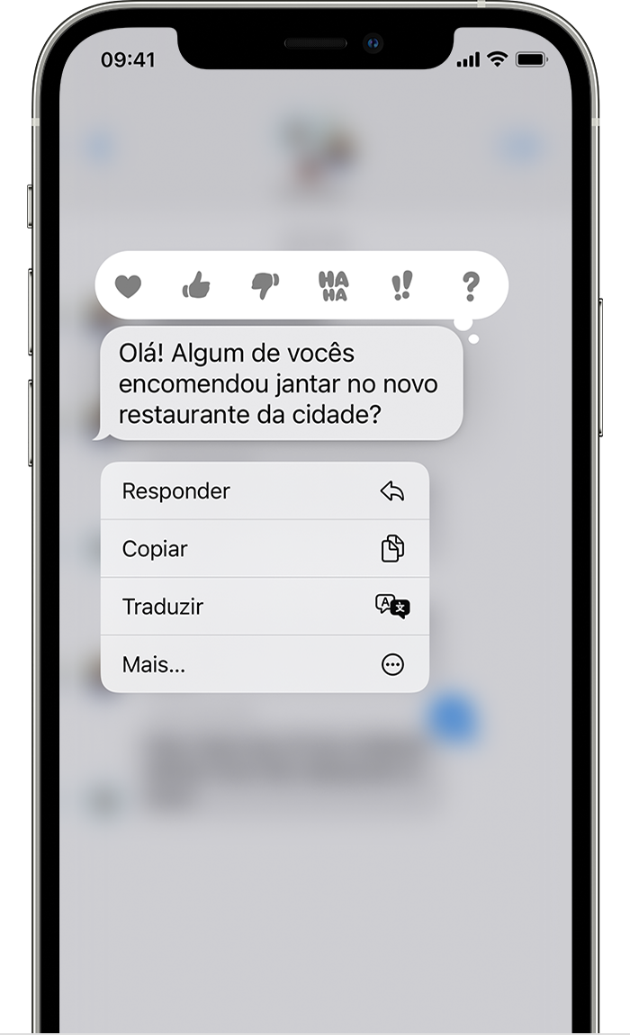Um iPhone a mostrar o menu de resposta incorporada depois de manter premido um balão de mensagem para enviar uma resposta incorporada.
