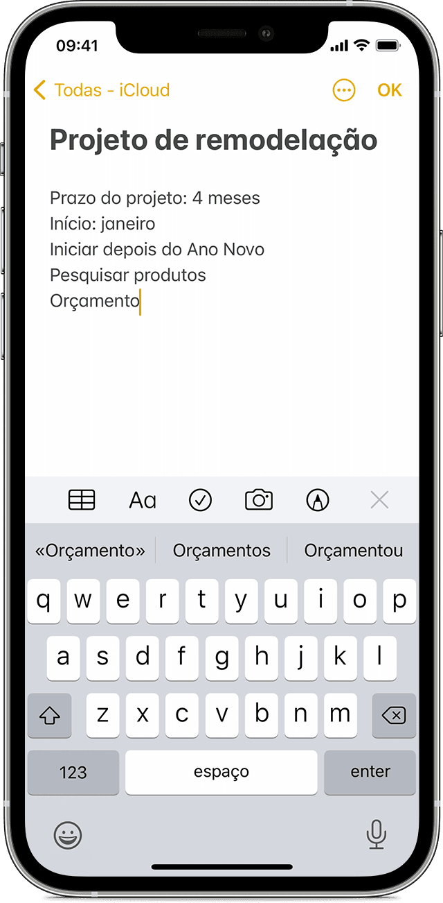 Um iPhone a mostrar como criar uma nota na app Notas