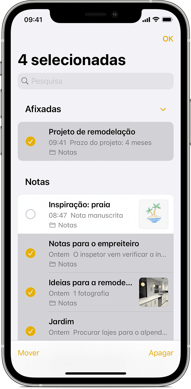 Um iPhone a mostrar como mover uma nota para uma pasta diferente na app Notas.