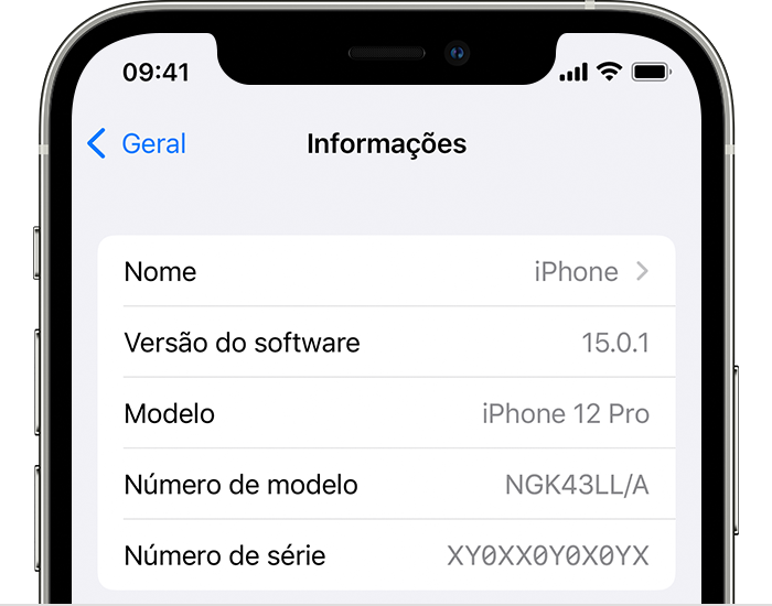 Um iPhone a mostrar o ecrã Informações com a versão do software por baixo do nome do dispositivo.