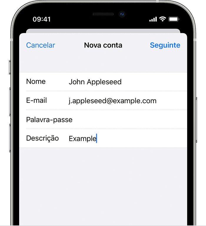 Ecrã do iPhone a mostrar como configurar uma conta de e-mail manualmente