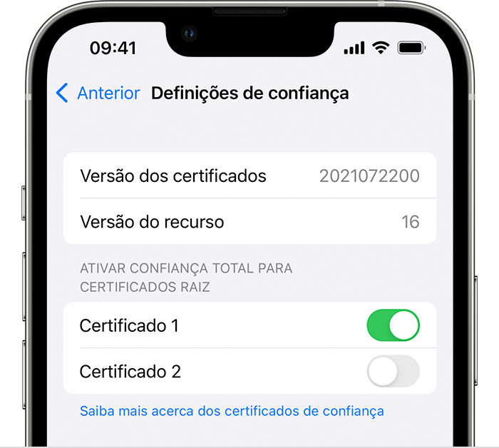 Definições de confiança de certificados do iPhone