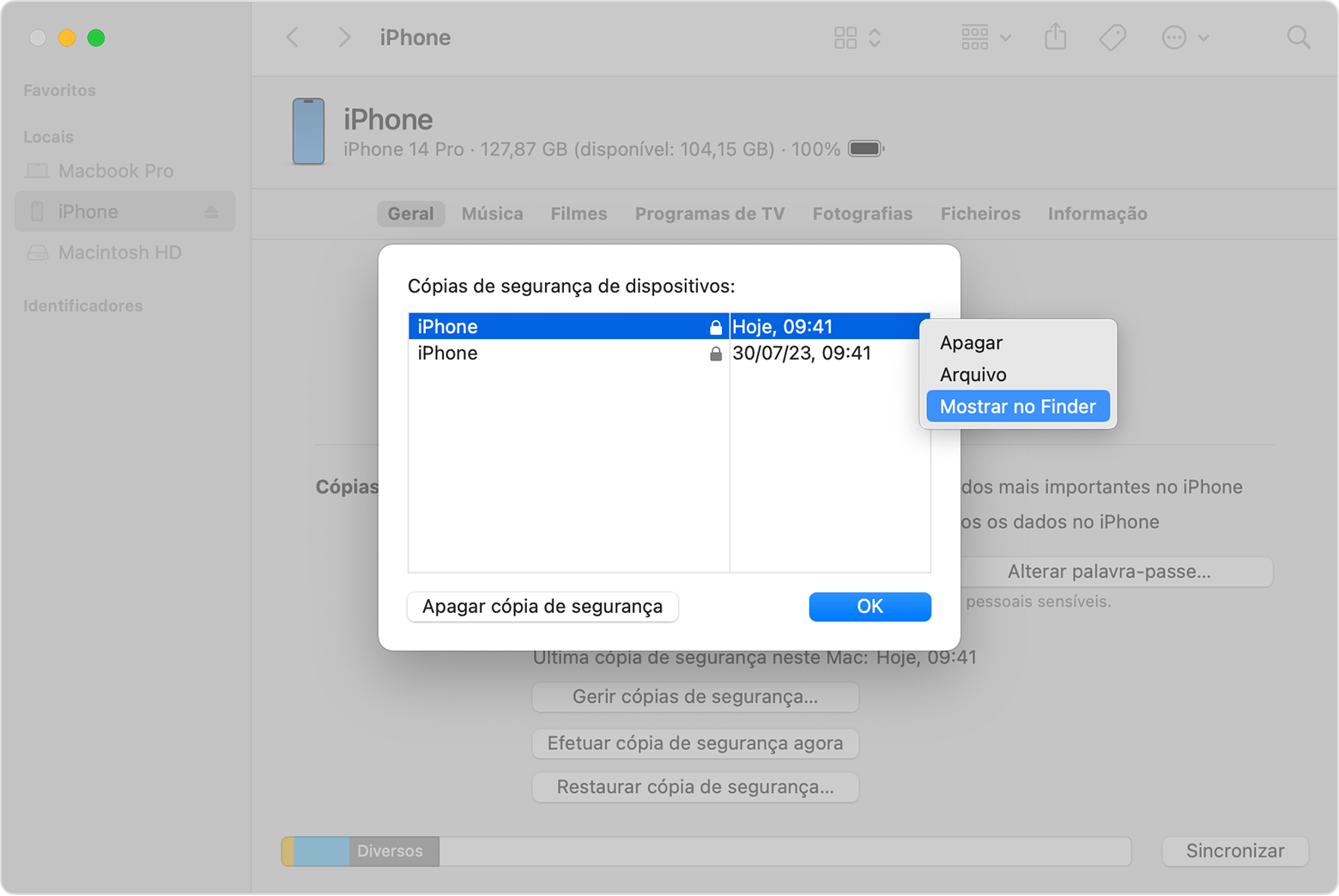 Uma janela do Finder a mostrar as opções para gerir as cópias de segurança