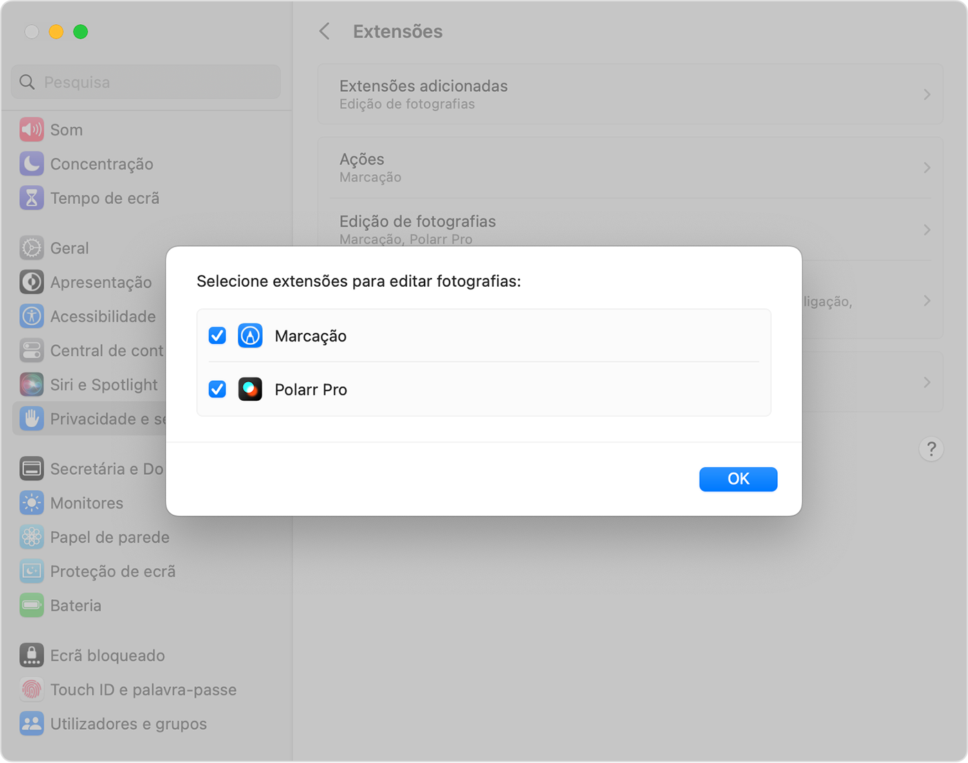Pode selecionar uma extensão de terceiros para a app Fotografias no Mac através das Definições.