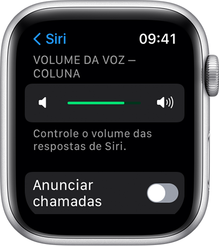 Captura de ecrã do watchOS: Volume da voz— Coluna