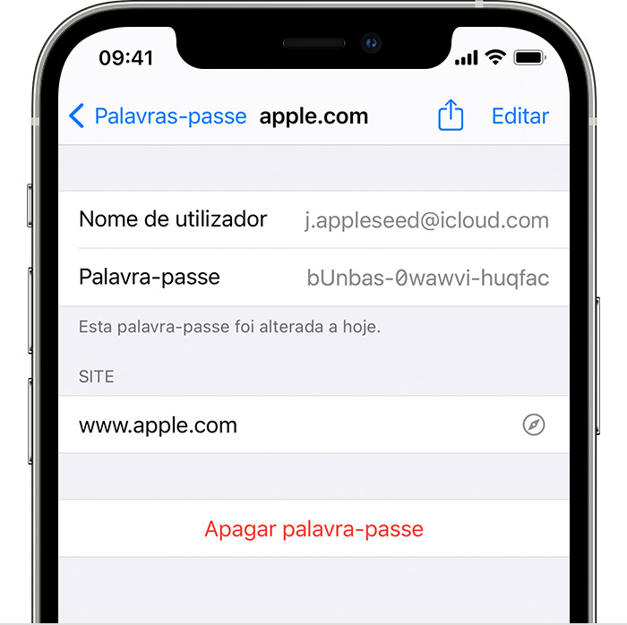 Um iPhone 12 Pro a mostrar os detalhes da conta Apple do utilizador, incluindo o Utilizador e a Palavra-passe.