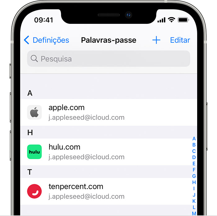 Um iPhone 12 Pro a mostrar que foram guardadas as palavras-passe de contas (como Apple, Google e Hulu) na secção Palavras-passe nas Definições.