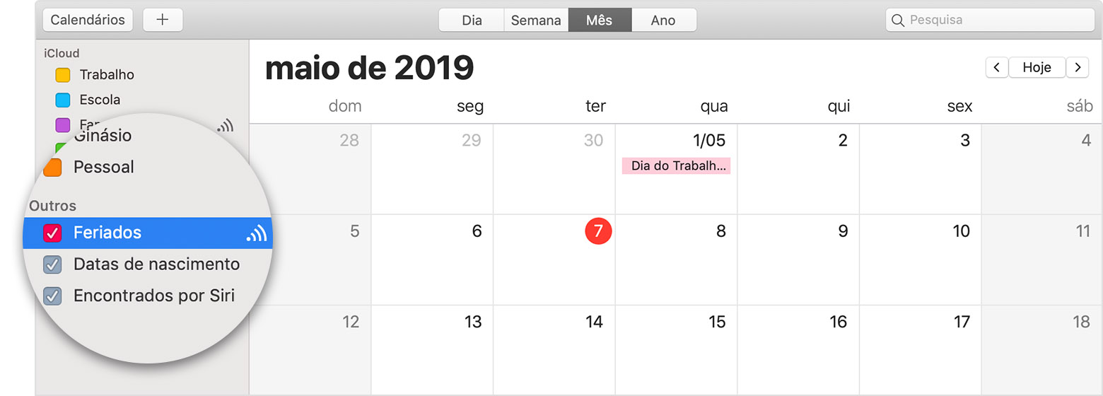 Calendário do iCloud com o calendário assinado selecionado