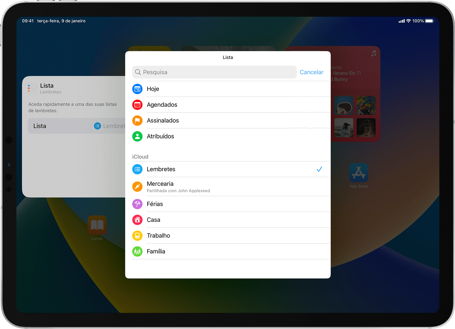 Ecrã do iPad a mostrar as opções do widget Lembretes