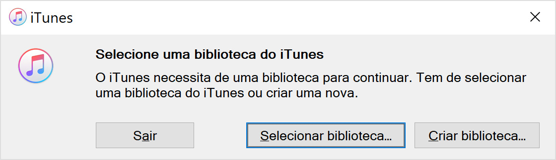 Mensagem do iTunes com o botão Selecionar biblioteca selecionado