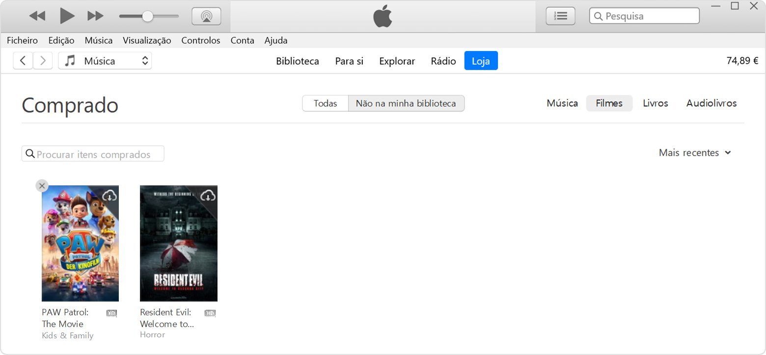 Botão Ocultar compra no iTunes num PC