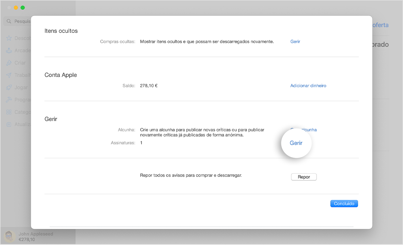 Mac a mostrar o botão Gerir junto a Assinaturas na página Definições da conta na App Store.