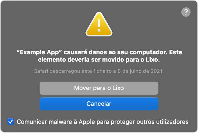 Aviso do macOS de app com malware
