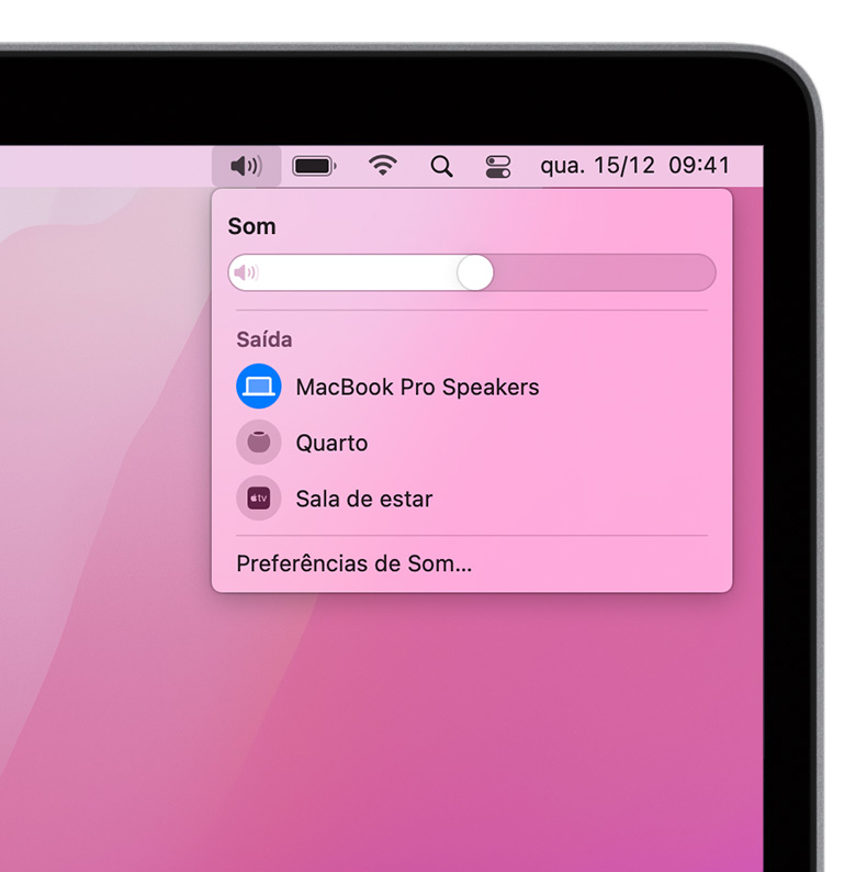 Captura de ecrã do macOS: menu de volume do Mac.