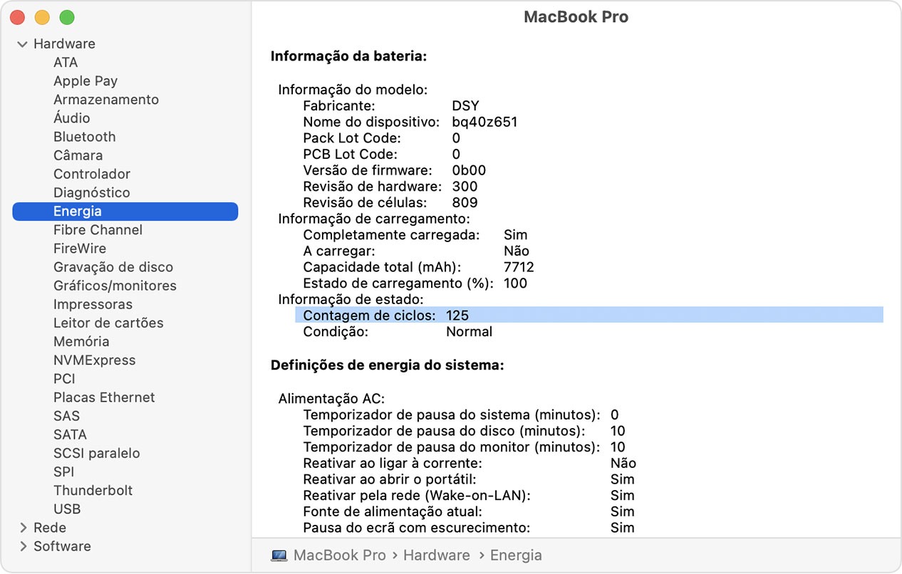 Determinar a contagem de ciclos da bateria em portáteis Mac - Suporte Apple  (PT)