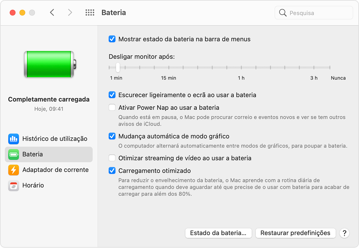 Janela Preferências de bateria do macOS com a opção 