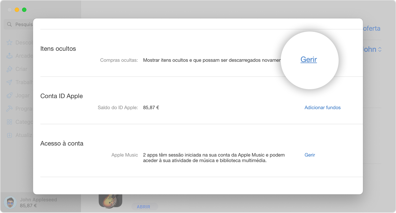 A App Store no Mac a mostrar a secção Elementos ocultos na página de informações da conta. O botão Gerir está destacado na imagem.