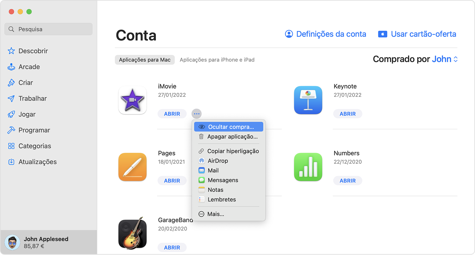 A App Store no Mac a mostrar o menu que aparece depois de selecionar o botão Mais opções. A opção Ocultar compra está selecionada.