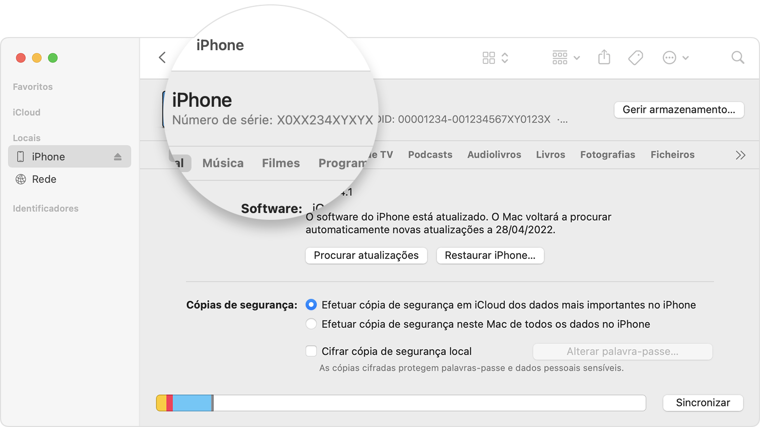 Captura de ecrã da janela Finder a mostrar o número de série do iPhone