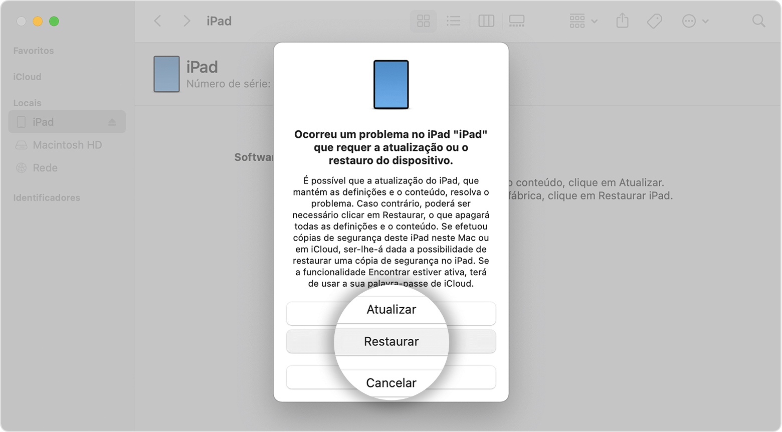 Ecrã do iPad a mostrar o botão Restaurar