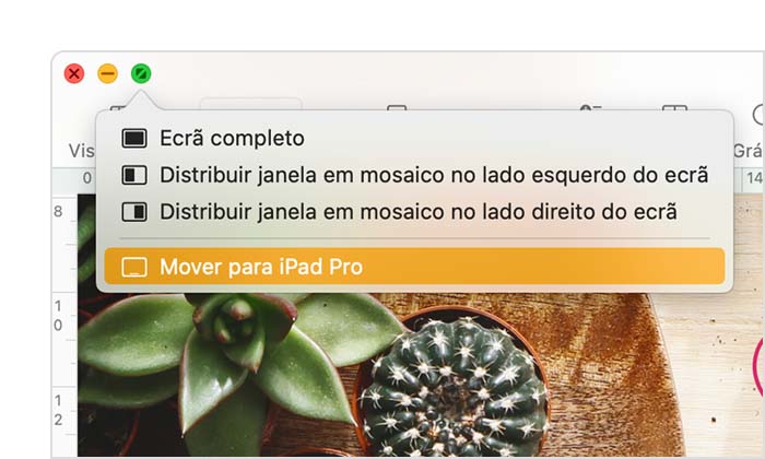 Documento com o menu do botão de ecrã completo e a opção Mover para o iPad selecionada