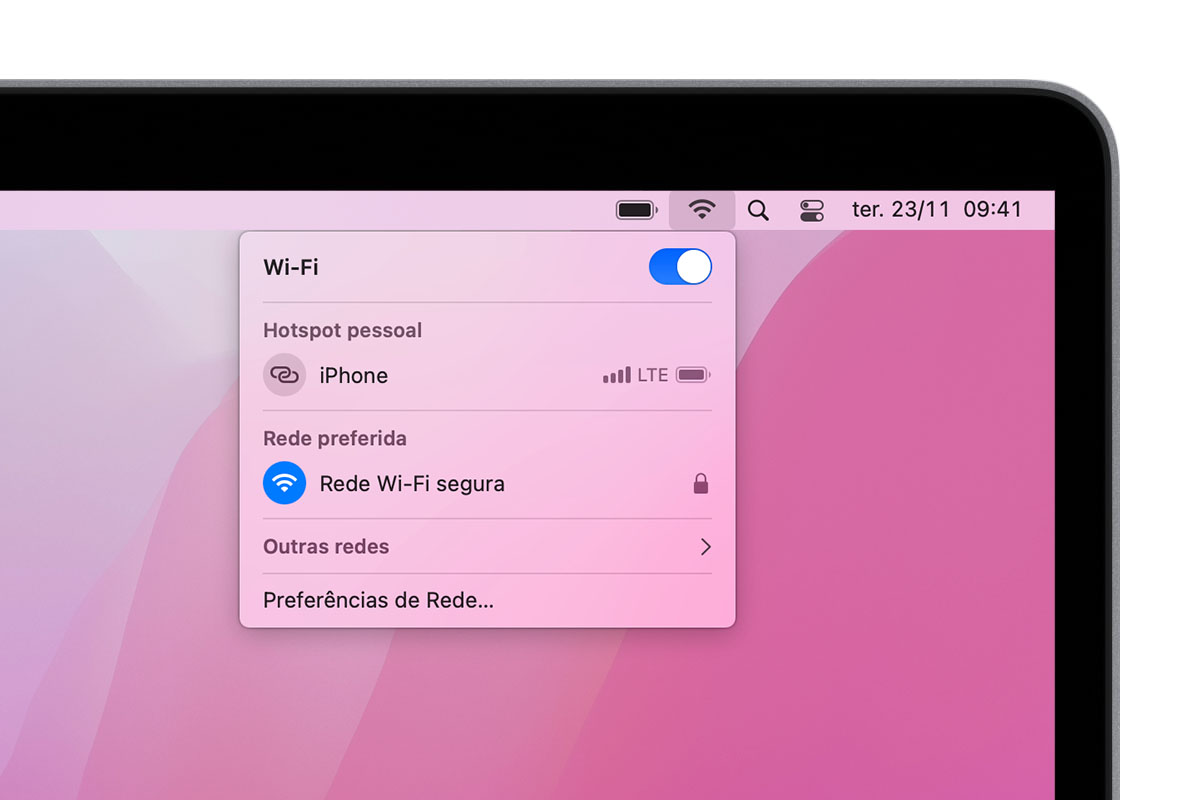 Secretária do Mac com as opções da barra de menus de Wi-Fi apresentadas