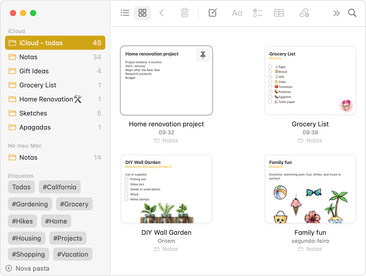 Notas do iCloud na app Notas