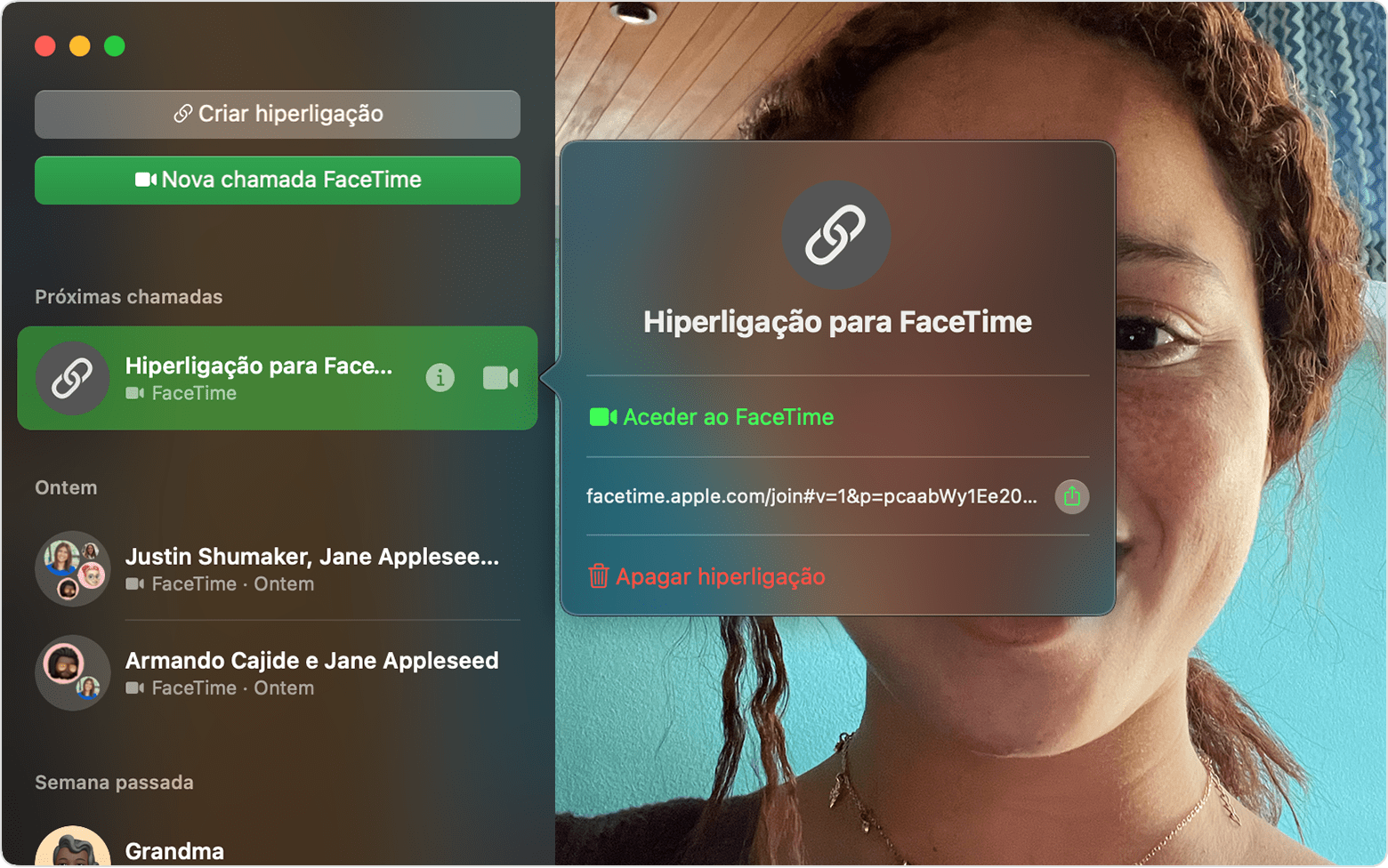 Janela do FaceTime depois de clicar no botão de informações junto à hiperligação para FaceTime