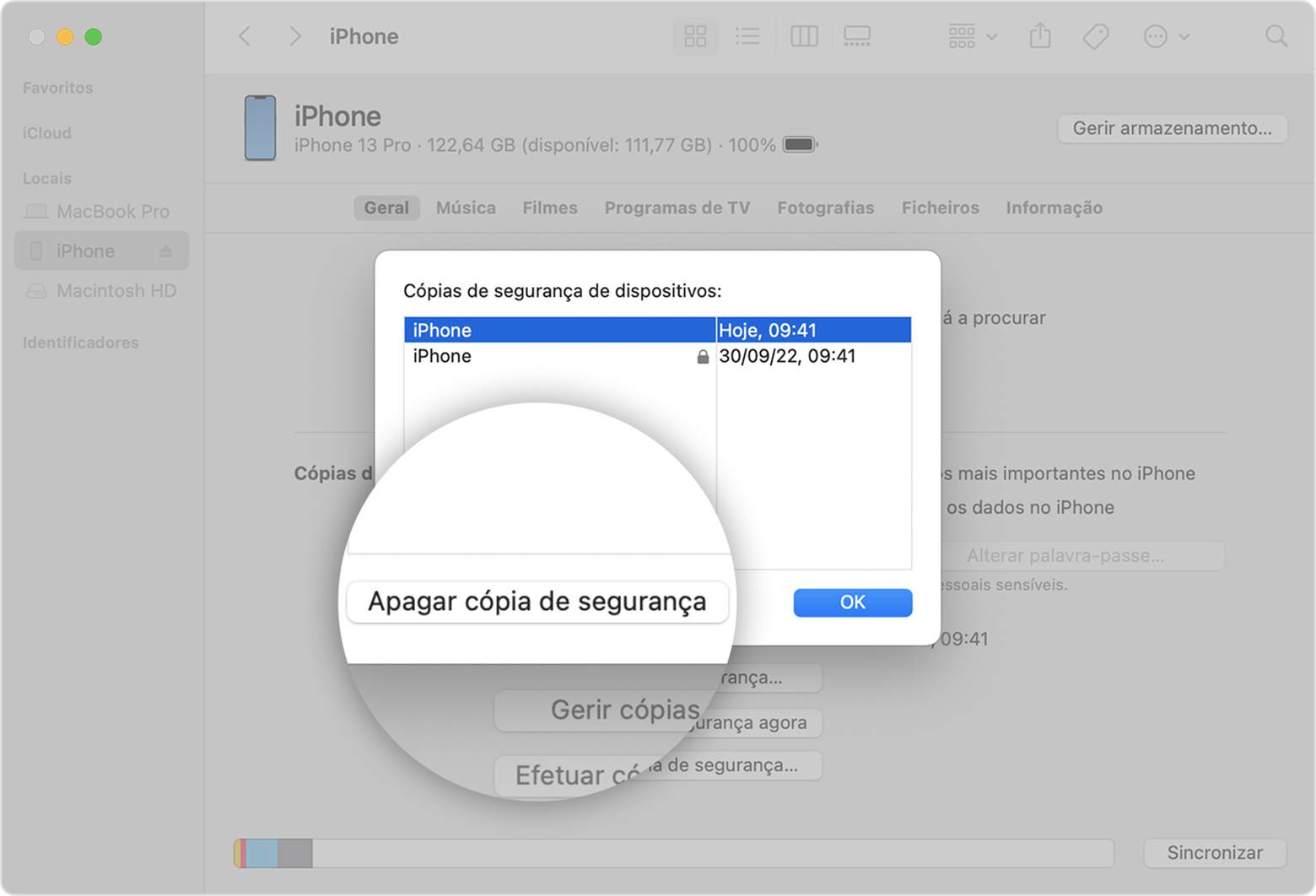 Ecrã do Mac a mostrar como apagar uma cópia de segurança