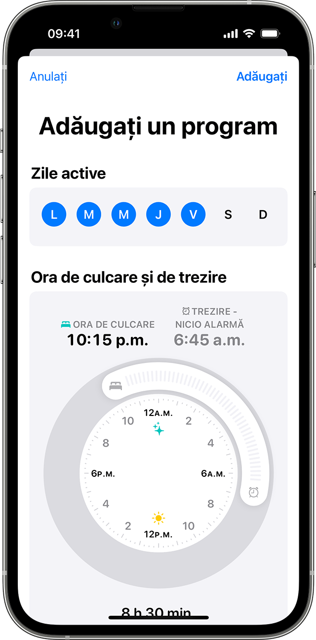 Un ecran de iPhone care afișează opțiunile de editare a unui program complet de somn