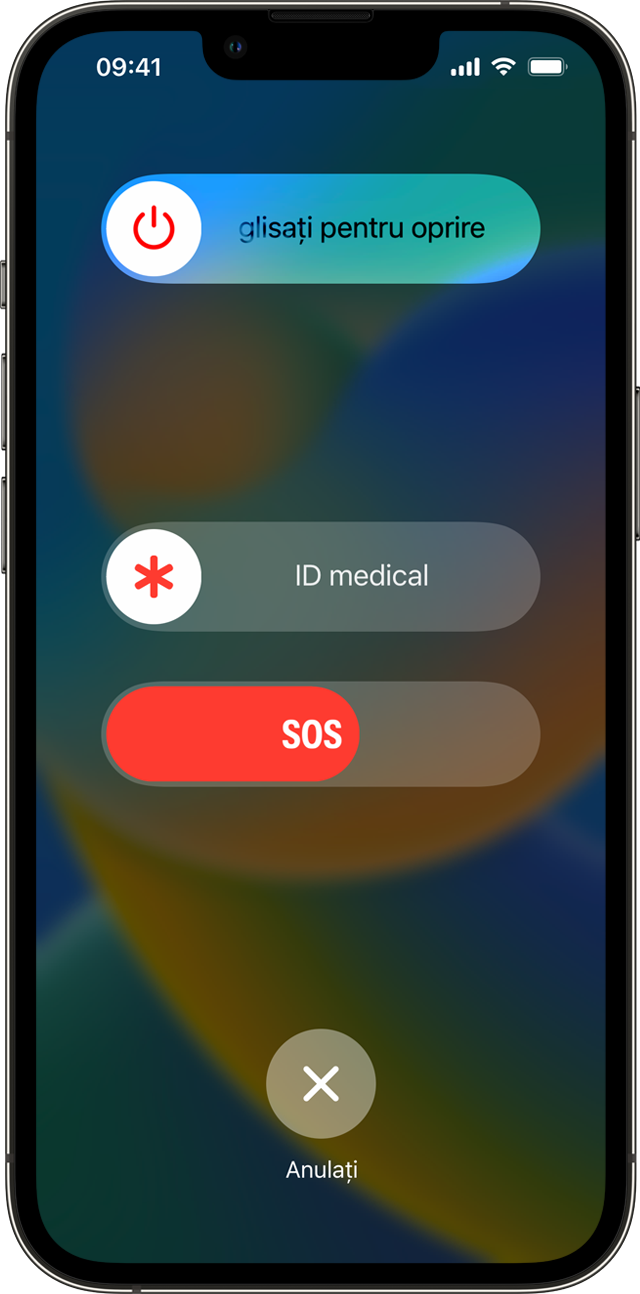 Un iPhone care afișează glisorul de oprire, glisorul ID medical și glisorul S.O.S. urgențe. Glisorul S.O.S. urgențe este în numărătoare inversă.