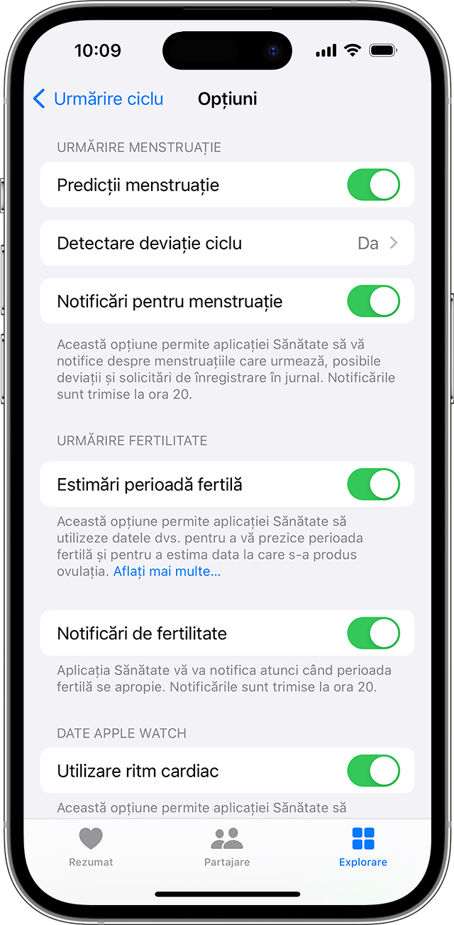 Opțiunile pentru notificările de urmărire a menstruației și fertilității din Urmărire ciclu pe iPhone