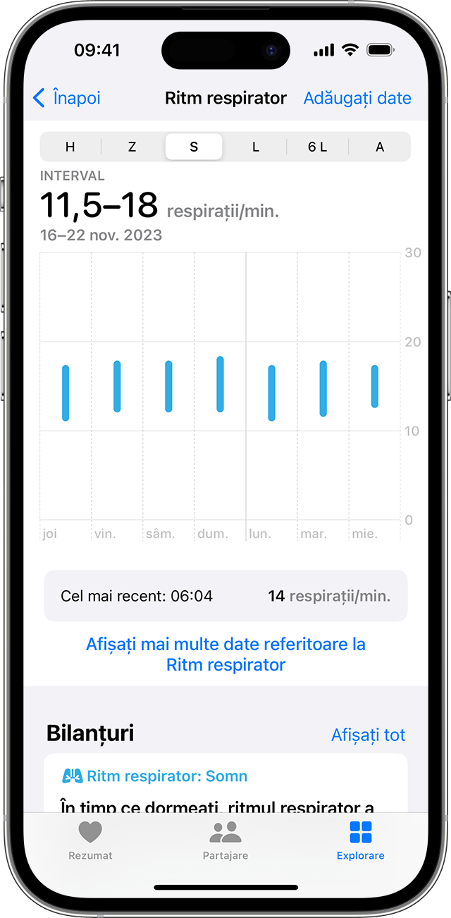 Un ecran de iPhone care afișează graficul Frecvență respiratorie