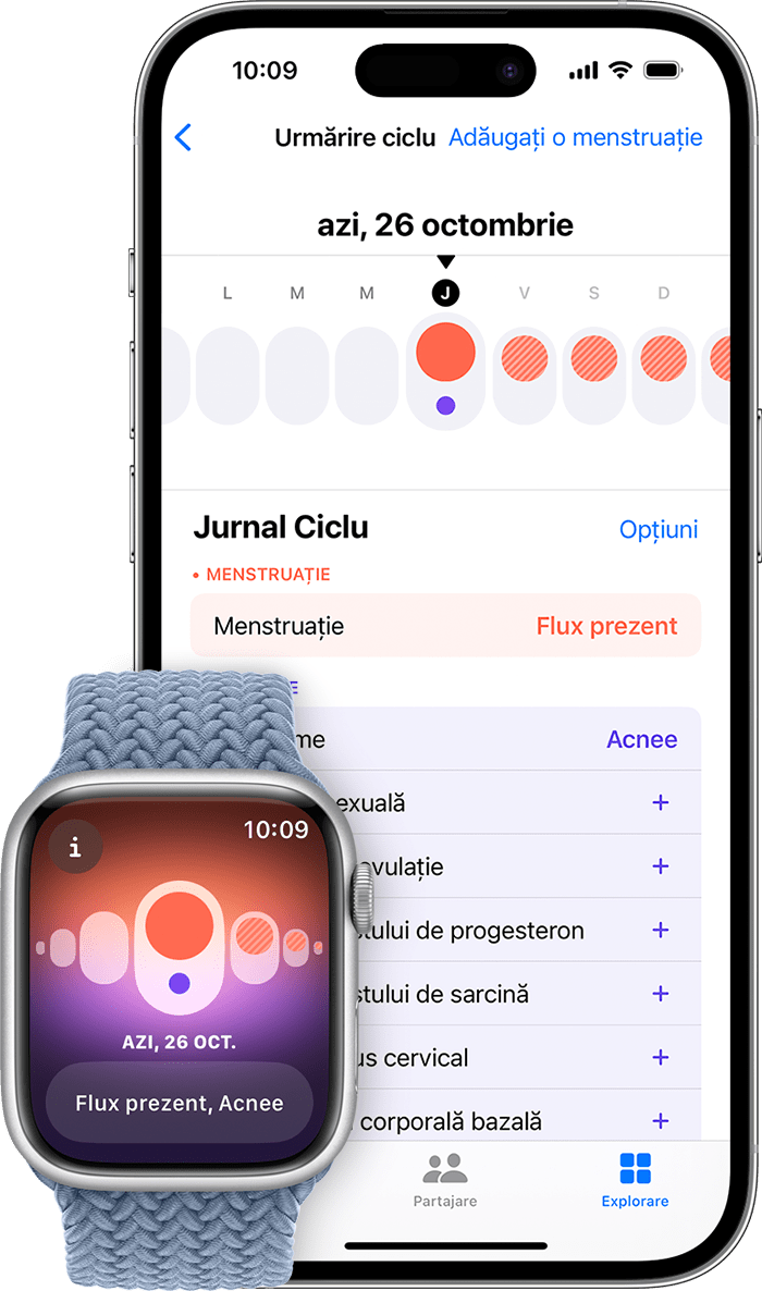 Aplicația Urmărirea ciclului de pe Apple Watch și aplicația Sănătate de pe iPhone